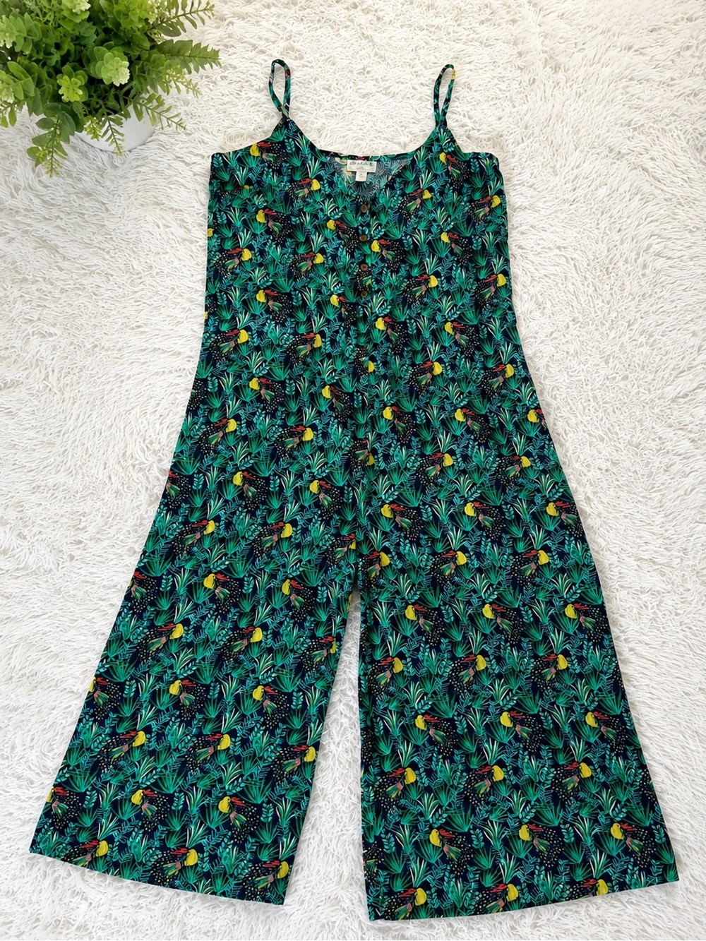 Tree of Life Tropical Bird Print Wide Leg Jumpsuit Rayon Size M